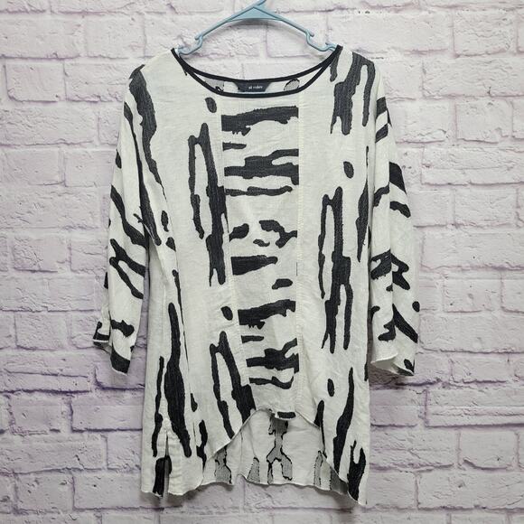 Ali Miles Linen Blend Tunic Top Sz S Artsy Abstract Animal Print Split Sleeves - Picture 1 of 9